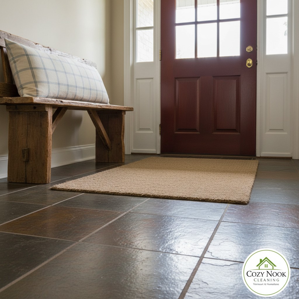A simple, modern-looking home, possibly an entryway, with a natural colored rug and a rustic wooden bench. Pendant lights ...