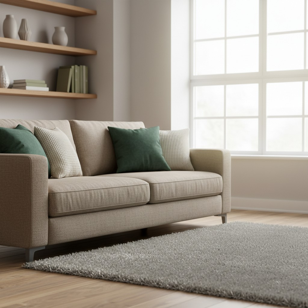 A light gray shag rug on a light wood floor, below a taupe sofa with green and beige accent pillows and wooden floating sh...